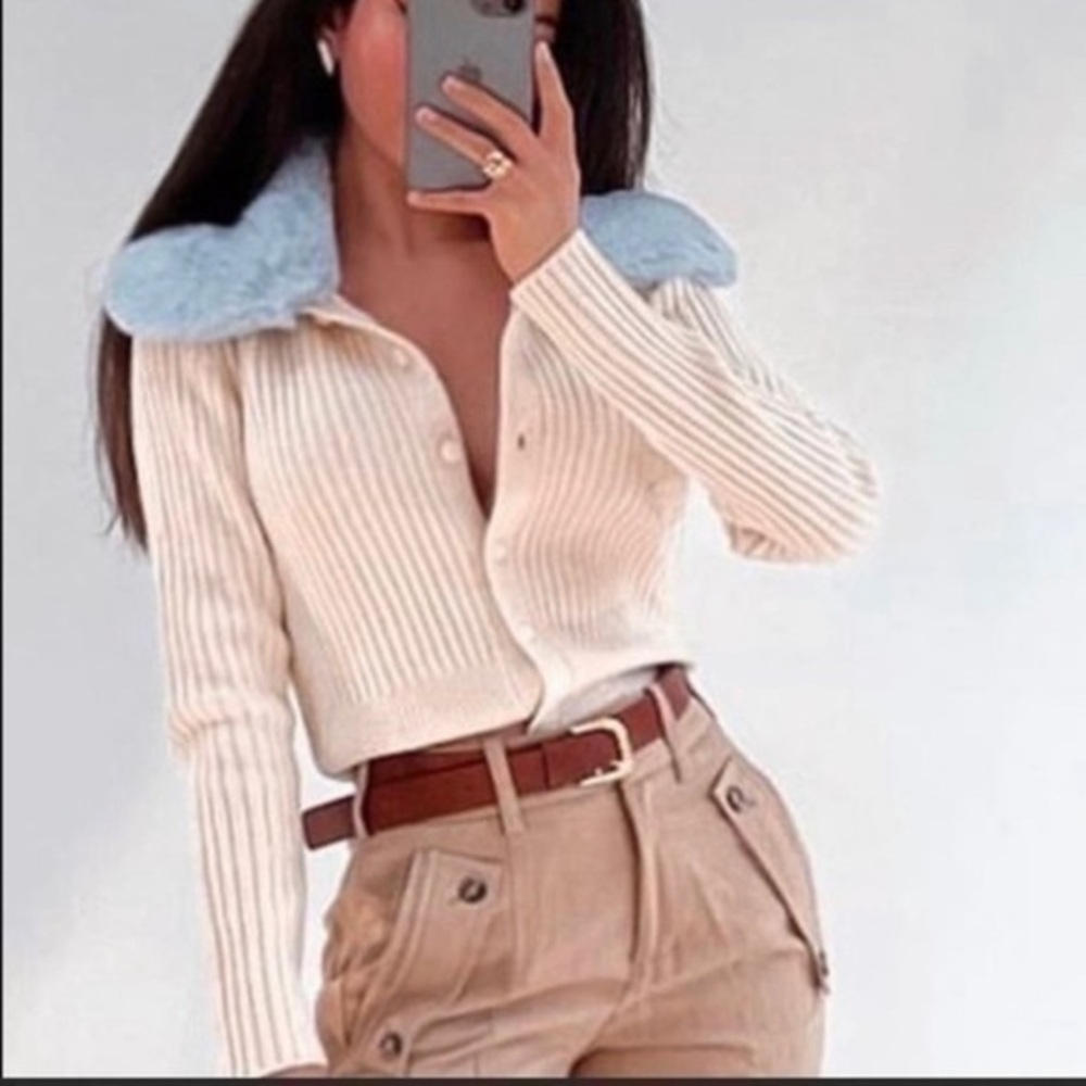 ZARA Faux leather collar knit cardigan 6873/001